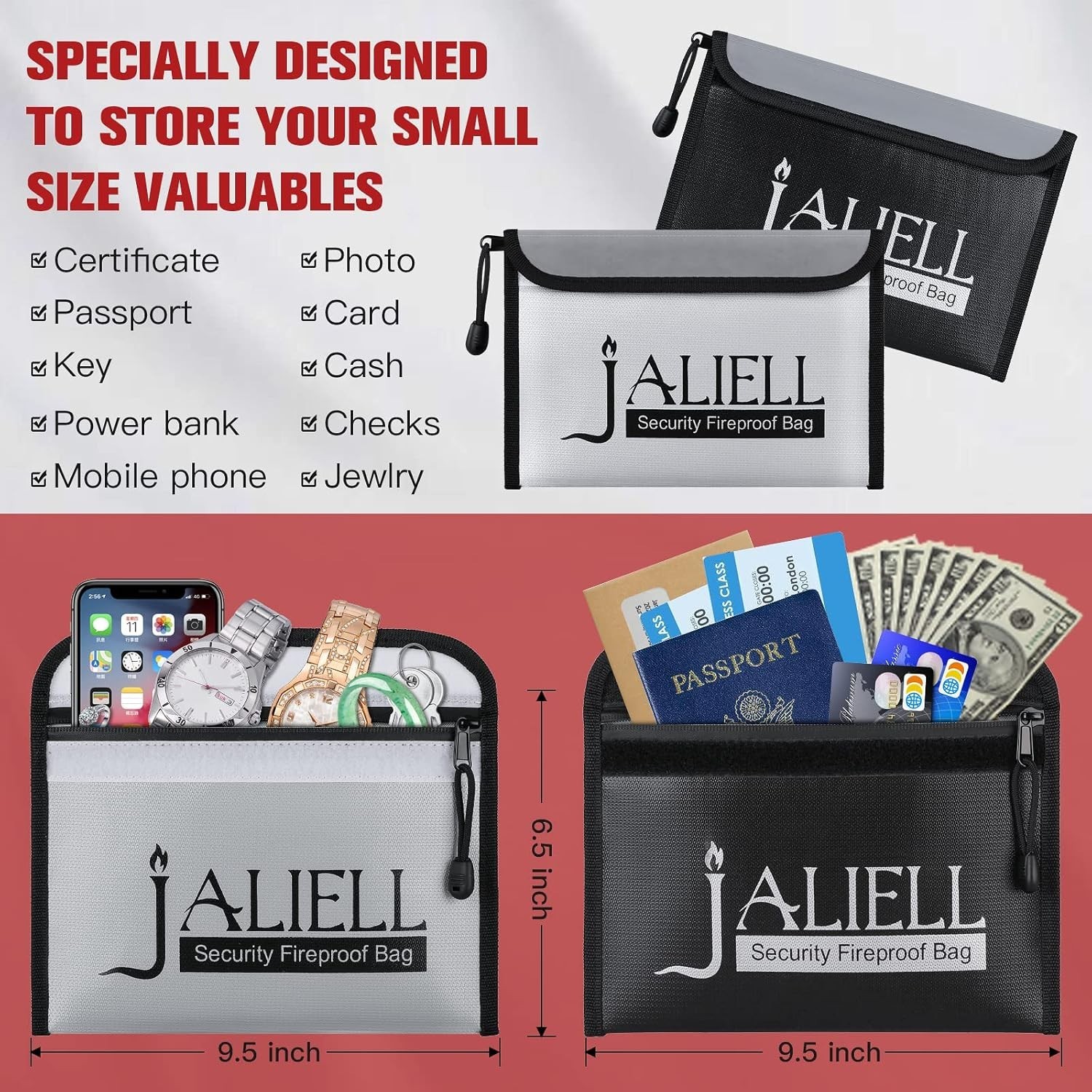 2 Pack Fireproof Money Bags 9.5x6.5", Waterproof Zipper Bag for Cash & Valuables