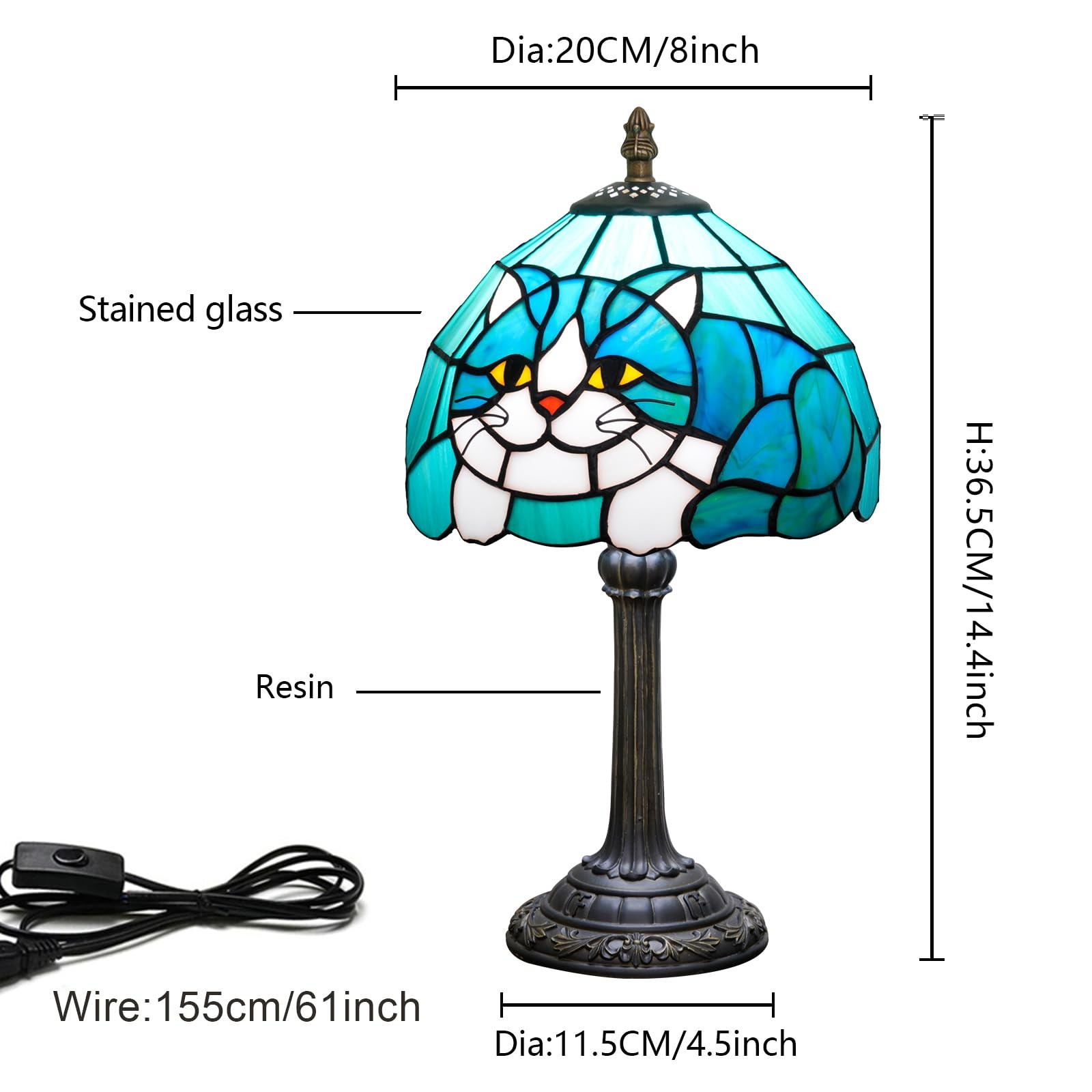 Tiffany Lamp Stained Glass Table Lamp 8X8X14 Inches Cat Style Living Room Bed...