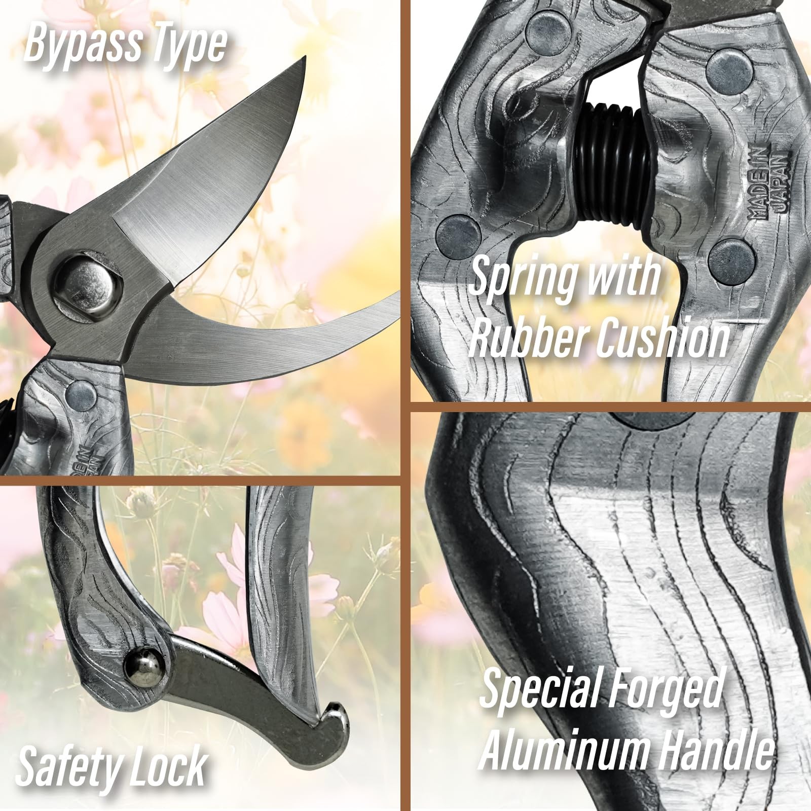 SUIZAN Bypass Pruning Shears 8.3” Plus Forged Aluminum Handle - Silver