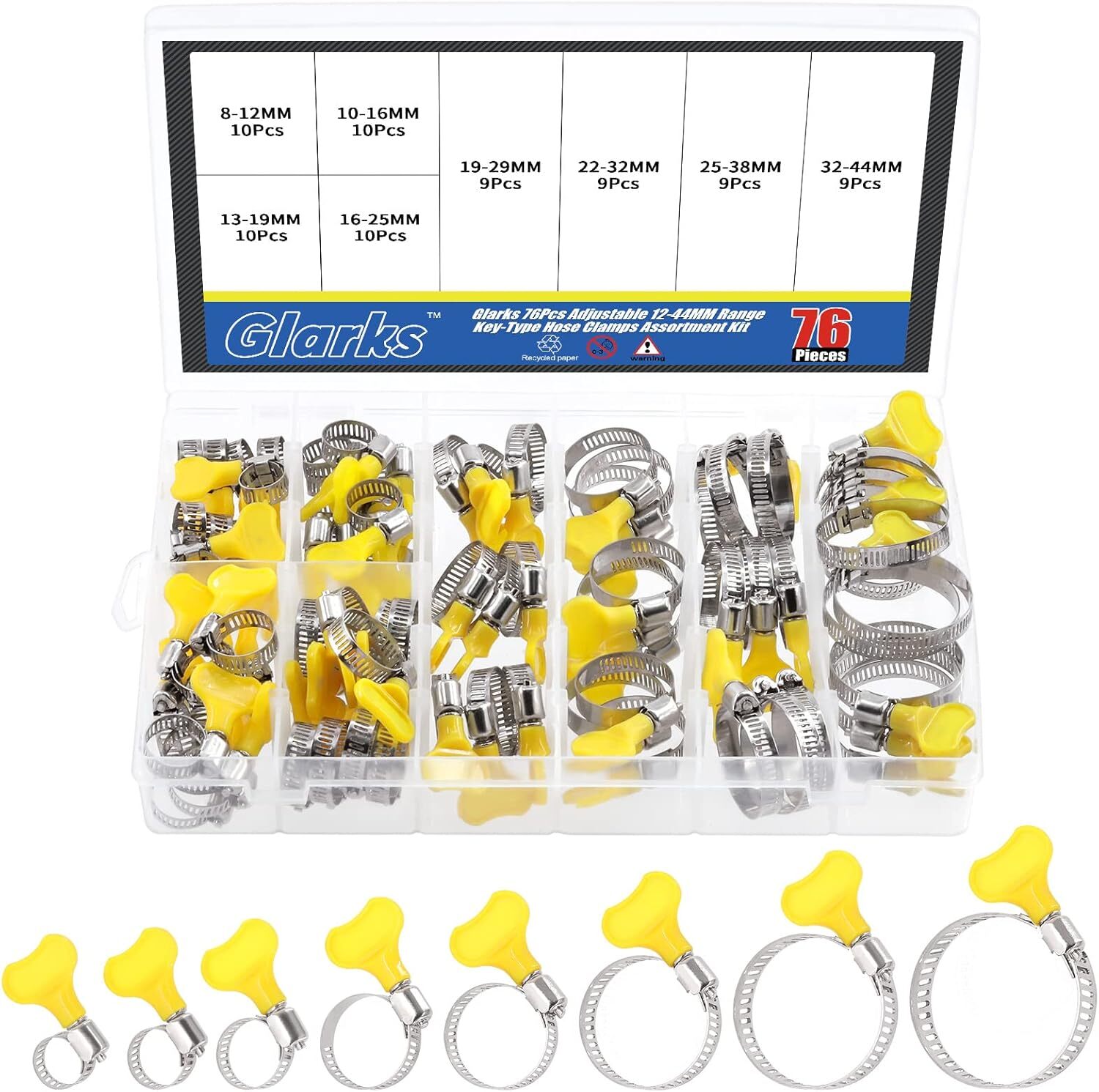 76Pcs Adjustable 8-44MM Range Hose Clamps Assortment Kit Key-Type Stainless Stee