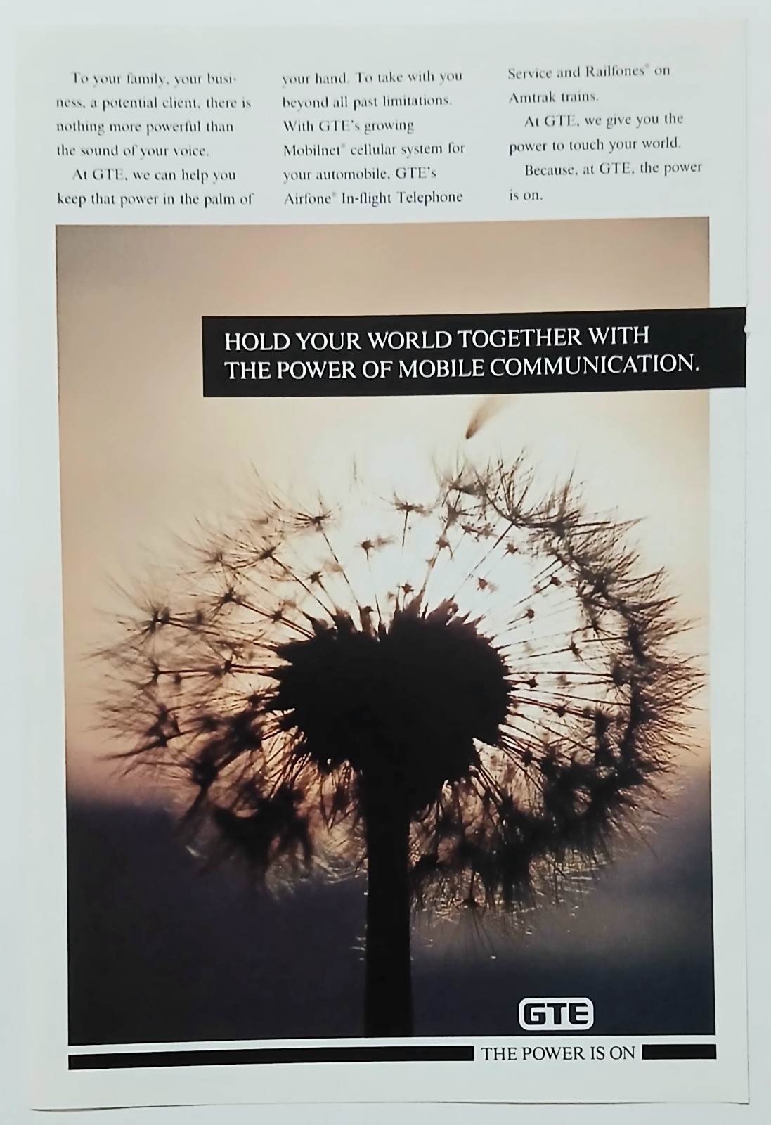 1991 Original Print Ad Full Page - GTE Power Of Mobile   Vintage