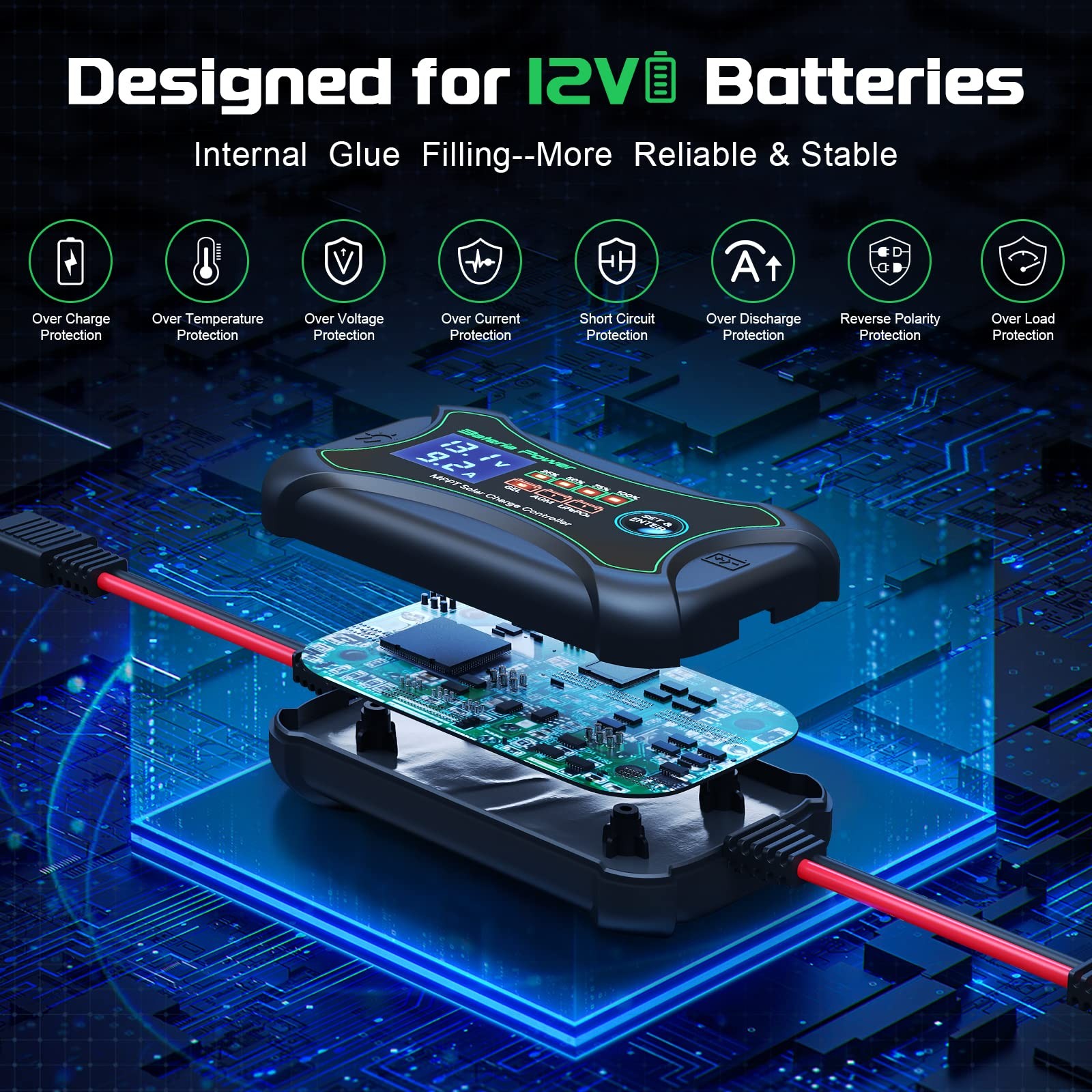 10A 12V MPPT Solar Charge Controller, Portable Battery Power Intelligent