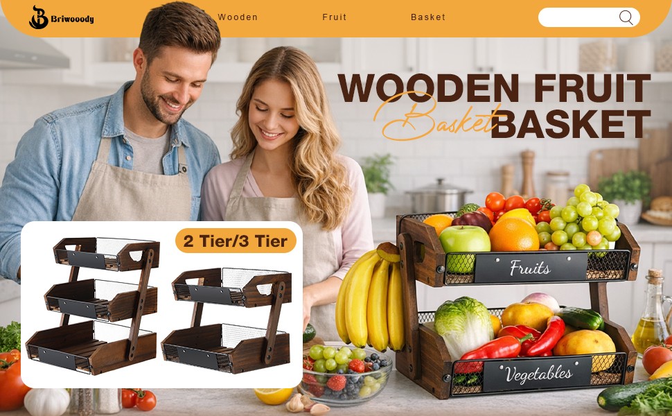 3 Tier Fruit Basket for Kitchen Counter Organizer with Banana