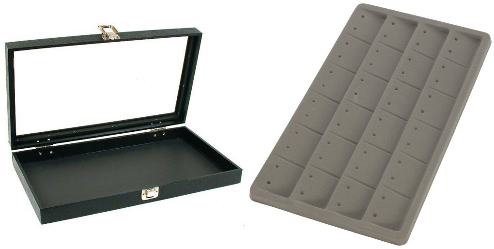 Glass Lid Jewelry Display Case 14 3/4" w/ Gray 24 Earring Display Tray Insert