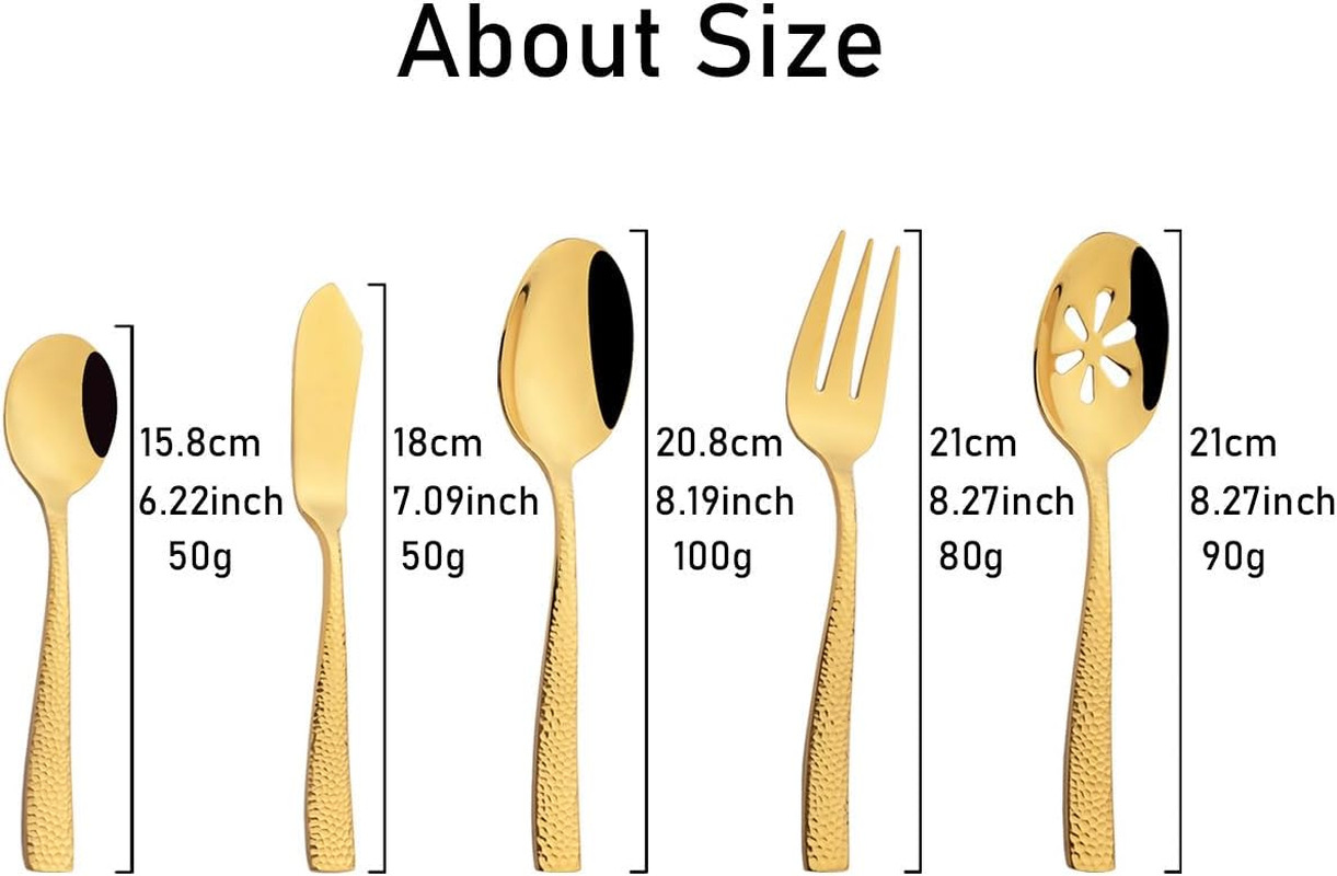 5-Piece Gold Hammered Flatware Hostess Set Stainless Steel Serving Fork Slotted