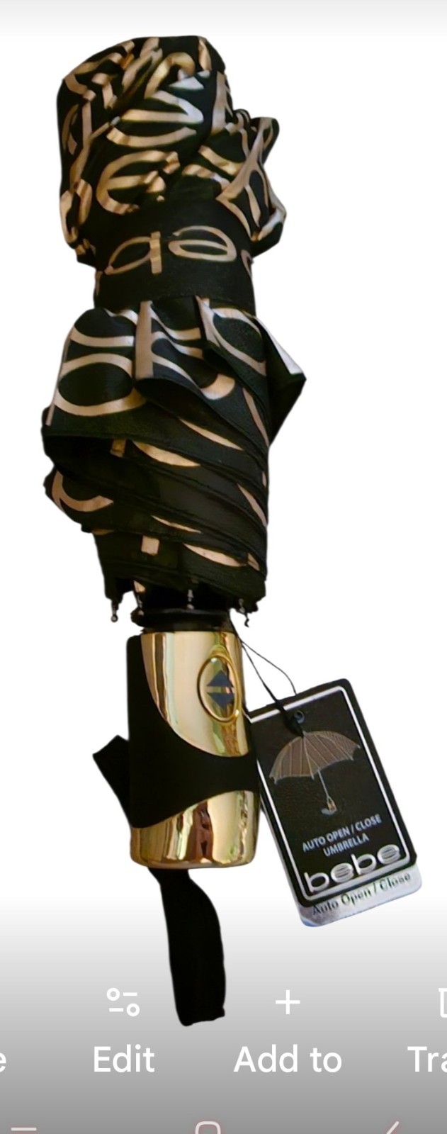 Bebe Monogrammed Auto Open/Close Umbrella Black with Gold Bebe Logo NWT