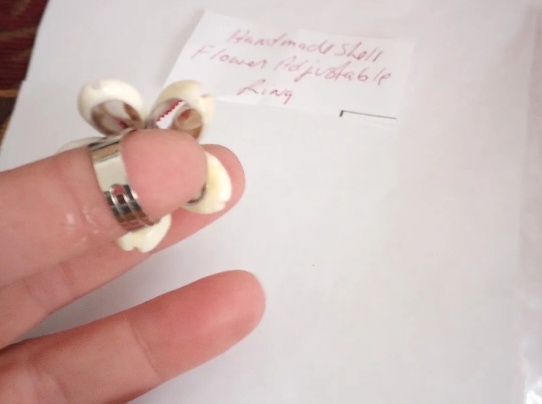 Hand Made Shell Flower White ,Pink, Brown Silver Tone Adjustable Ring