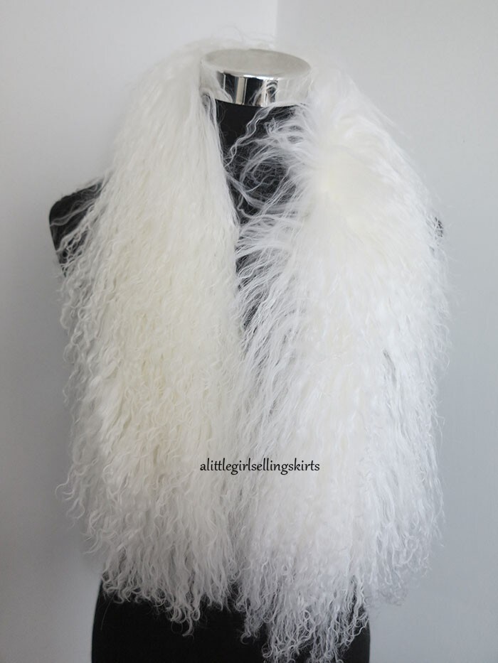 100% Real Mongolian Lamb Fur Scarf with Clip / Collar/ WHITE Wrap /women Cape