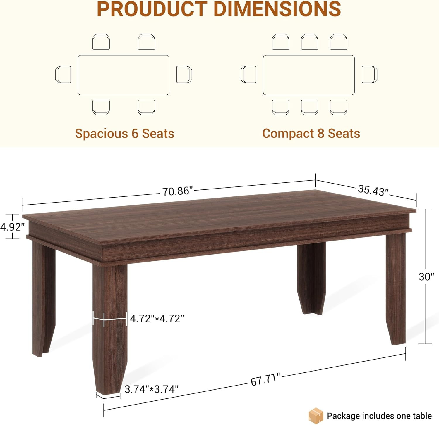 71" Farmhouse Dining Table for 8 - Sturdy Brown Wooden Kitchen Table