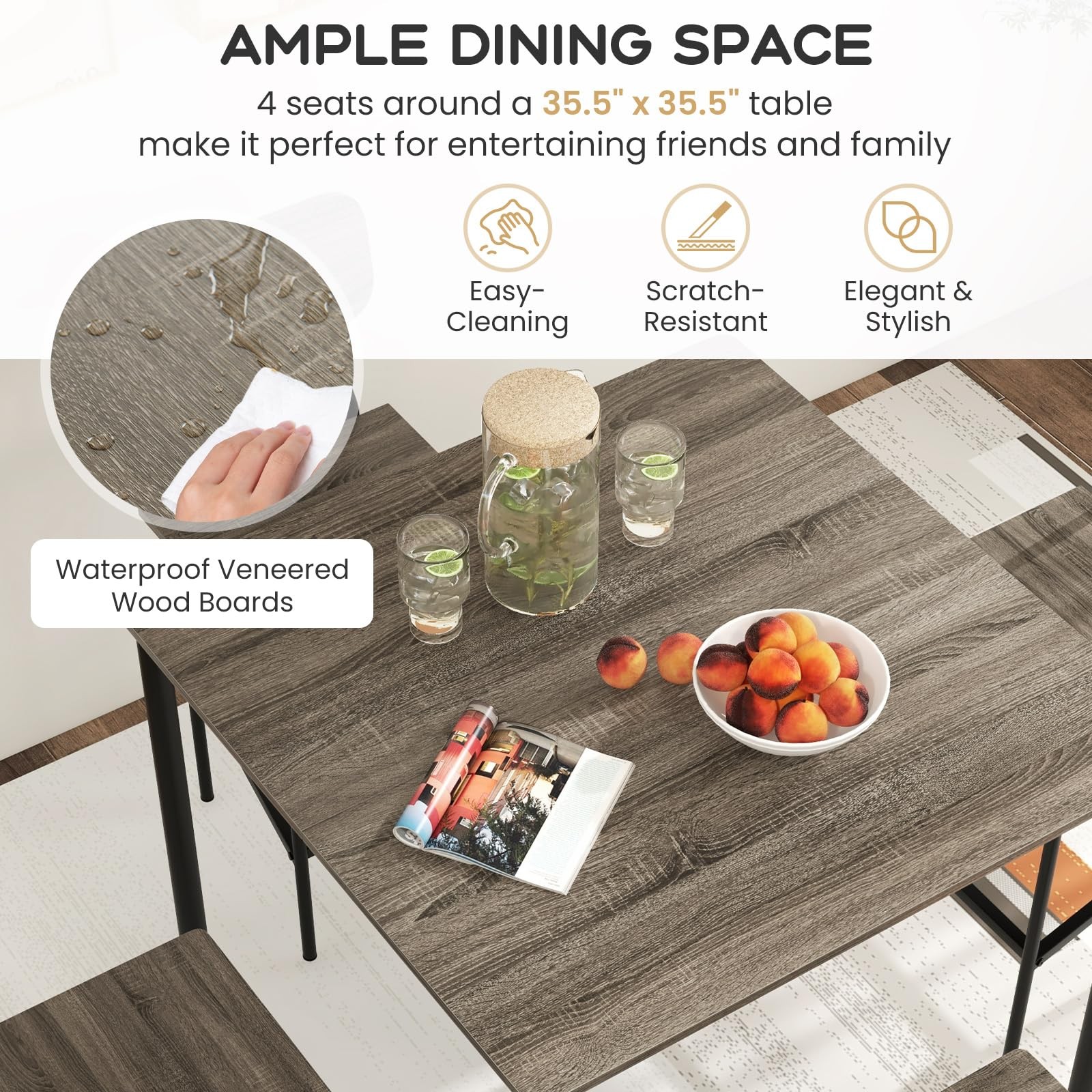 5-Piece Dining Table Set W/Counter Height Table & 4 Bar Stools, Modern Kitche...