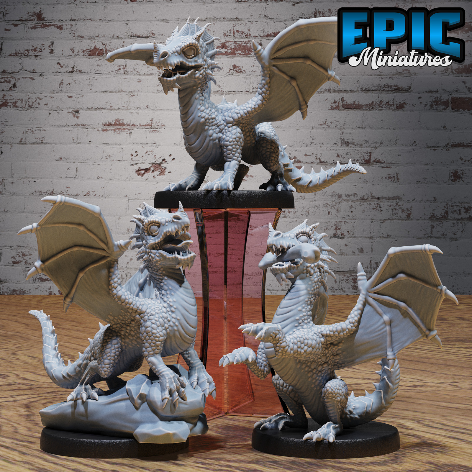 Green Dragon Wyrmling 3x, 28mm scale Dungeons and Dragons Figures, Fantasy