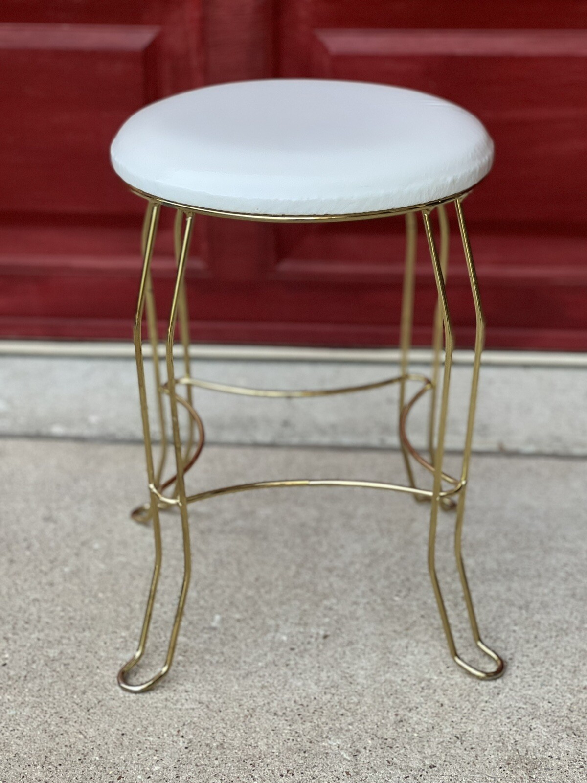 Vintage Mid Century Gold Metal Vanity Chair Stool Vinyl Seat Hollywood Regency