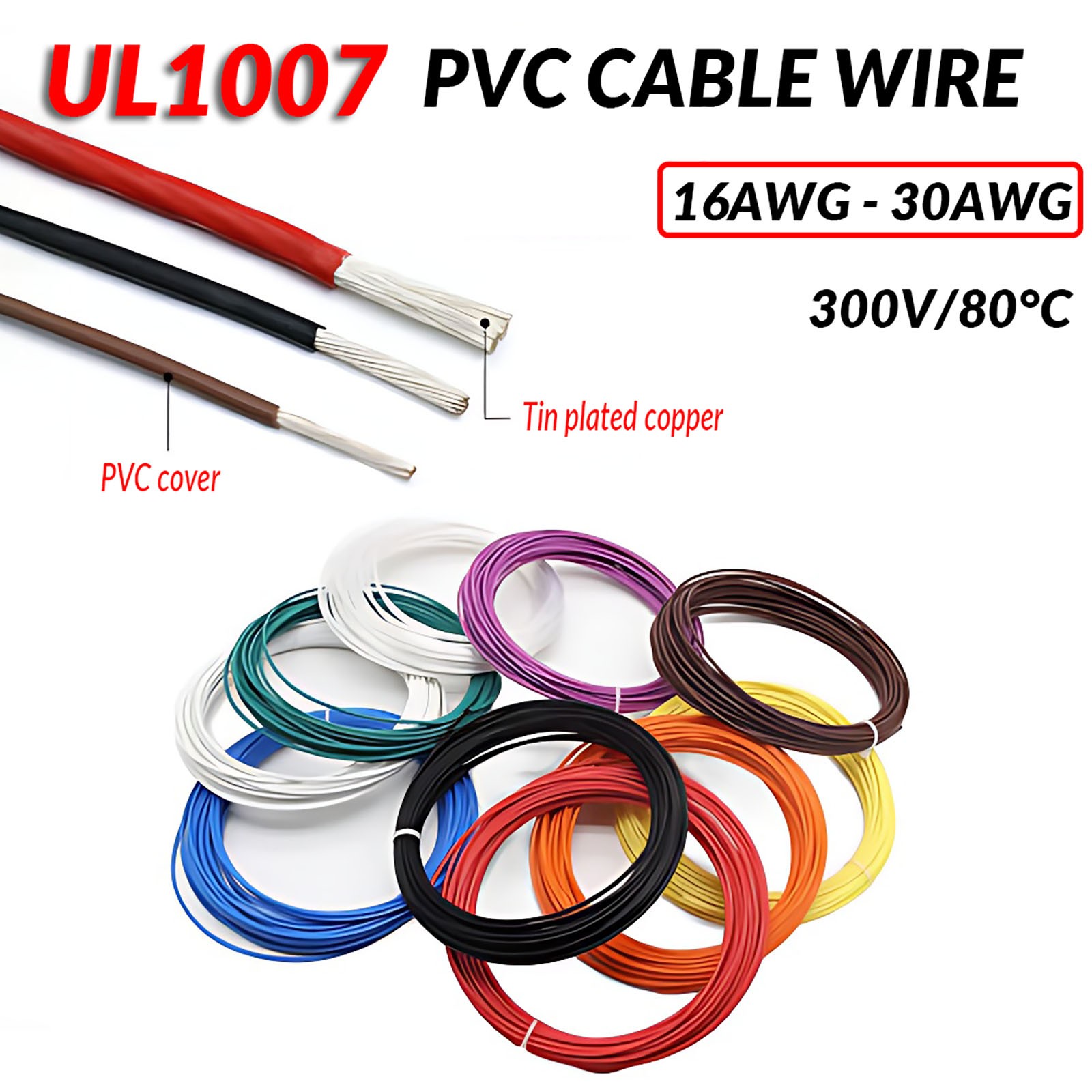 16~30AWG UL1007 Electrical PVC Cable Equipment Wire AWM Copper Tinned  80°C 300V