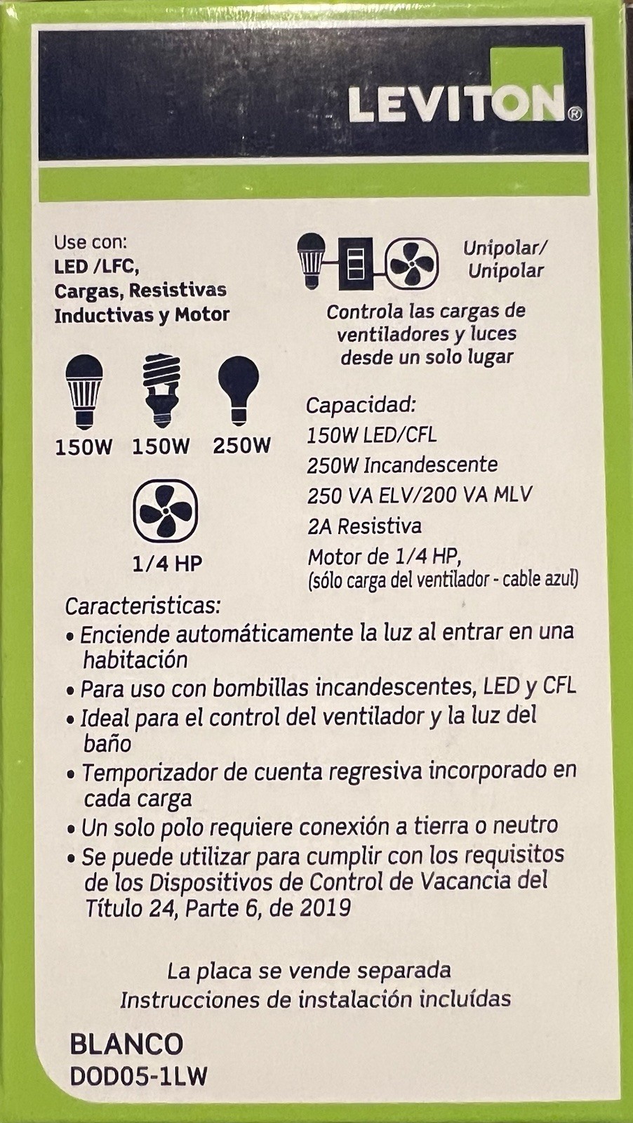 Occupancy Sensor Fan Switch Leviton Single Pole In-Wall Combo 1/4 HP DOD05-1LW