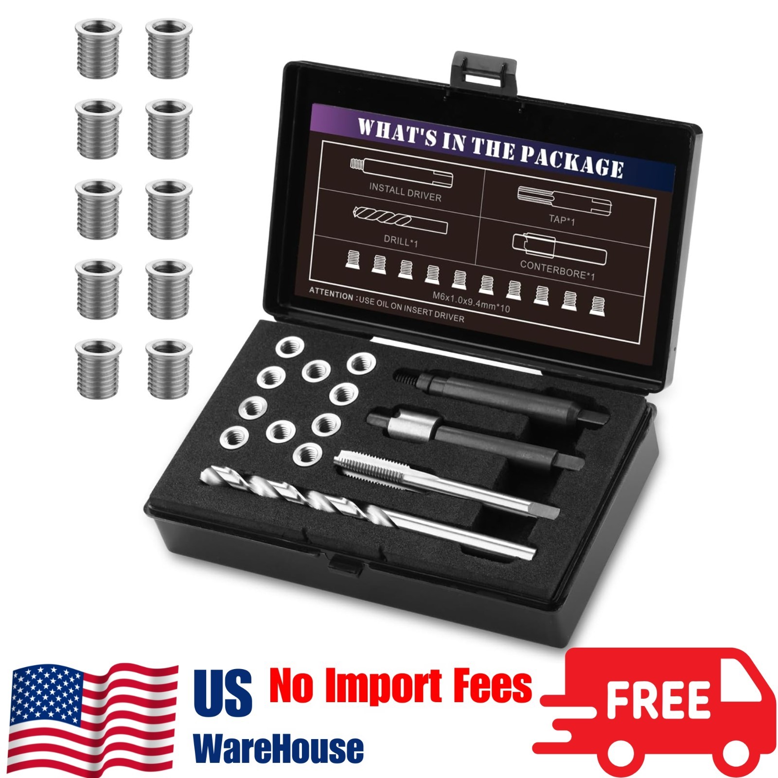 M6X1.0 Thread Repair Kit with 9.4mm Insert HSS Drill, Tap, Installation Driver