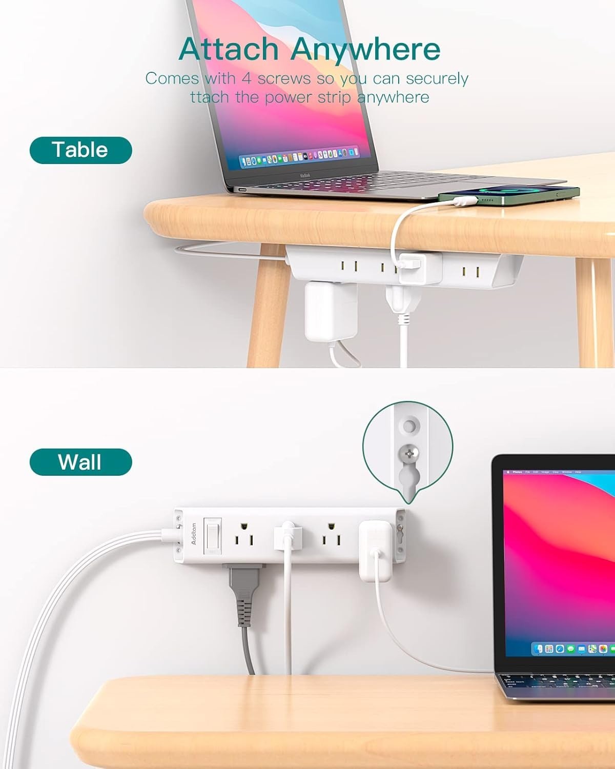 Compact 12-Outlet Flat Plug Power Strip, Wall Mountable with 3 USB Ports