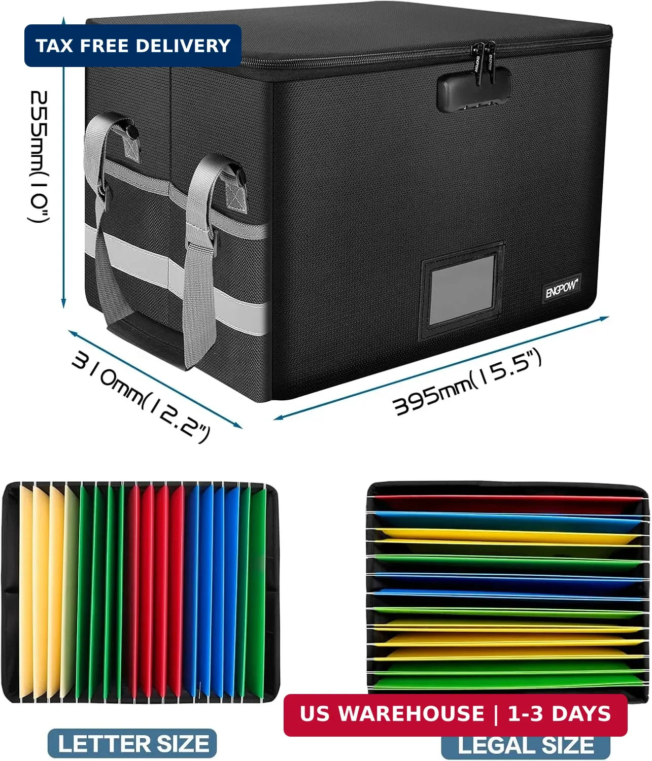 File Box with Lock,Fireproof Document Box with Zipper&Pockets,Collapsible