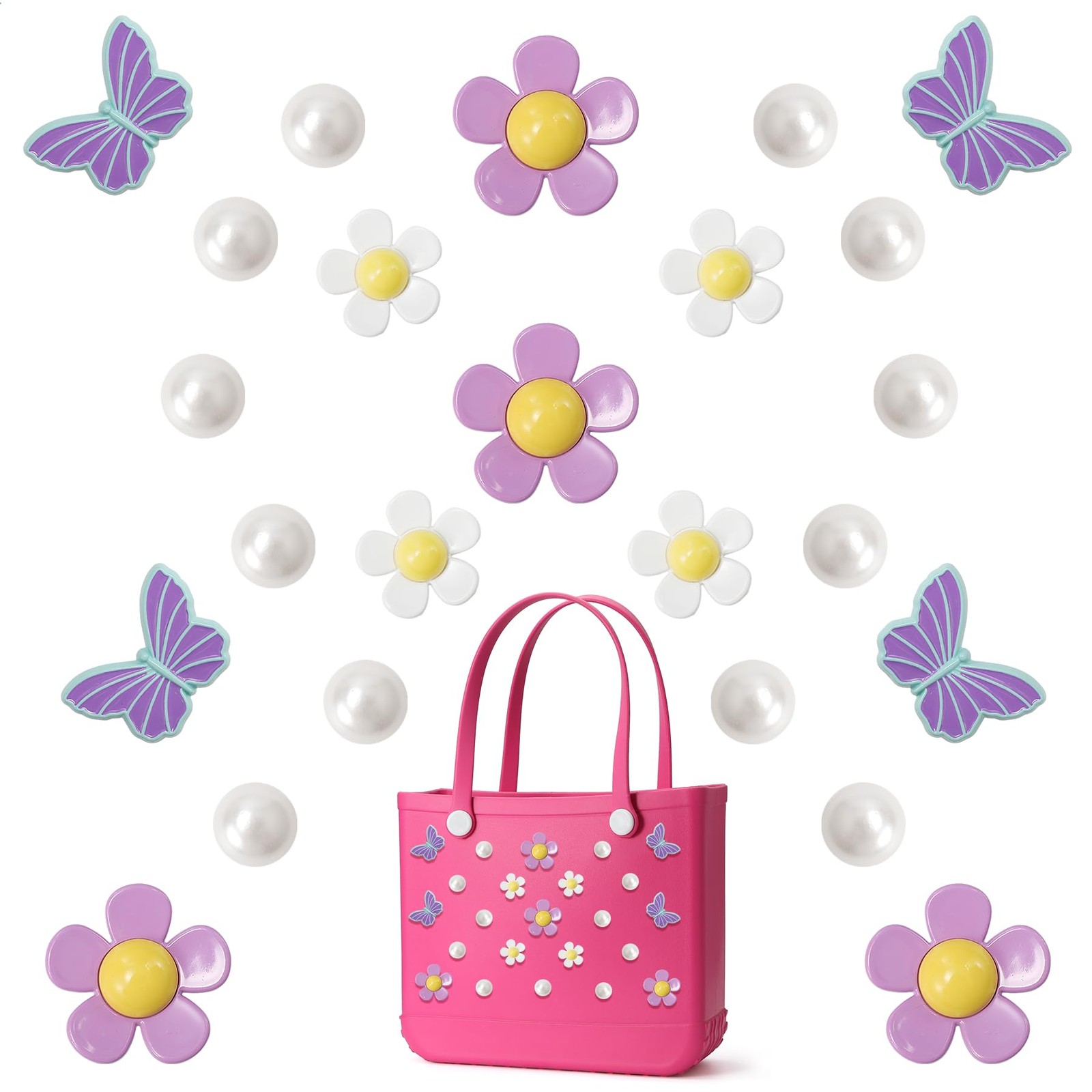 24Pcs Purple Flower Butterfly Charms Accesories for Rubber Beach Bag, Pearl A...