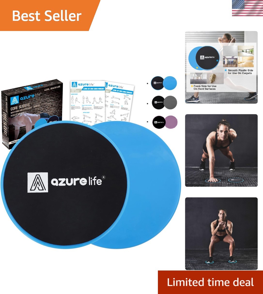 Abdominal Core Workout Sliders - Great for Carpet & Hardwood Floors - Blue