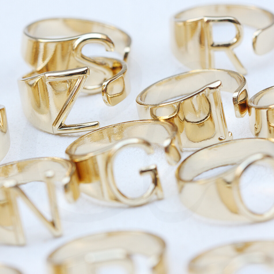 2 Pieces Gold Plated Brass Alphabet Finger Ring Base- Adjustable-Open End 4532C