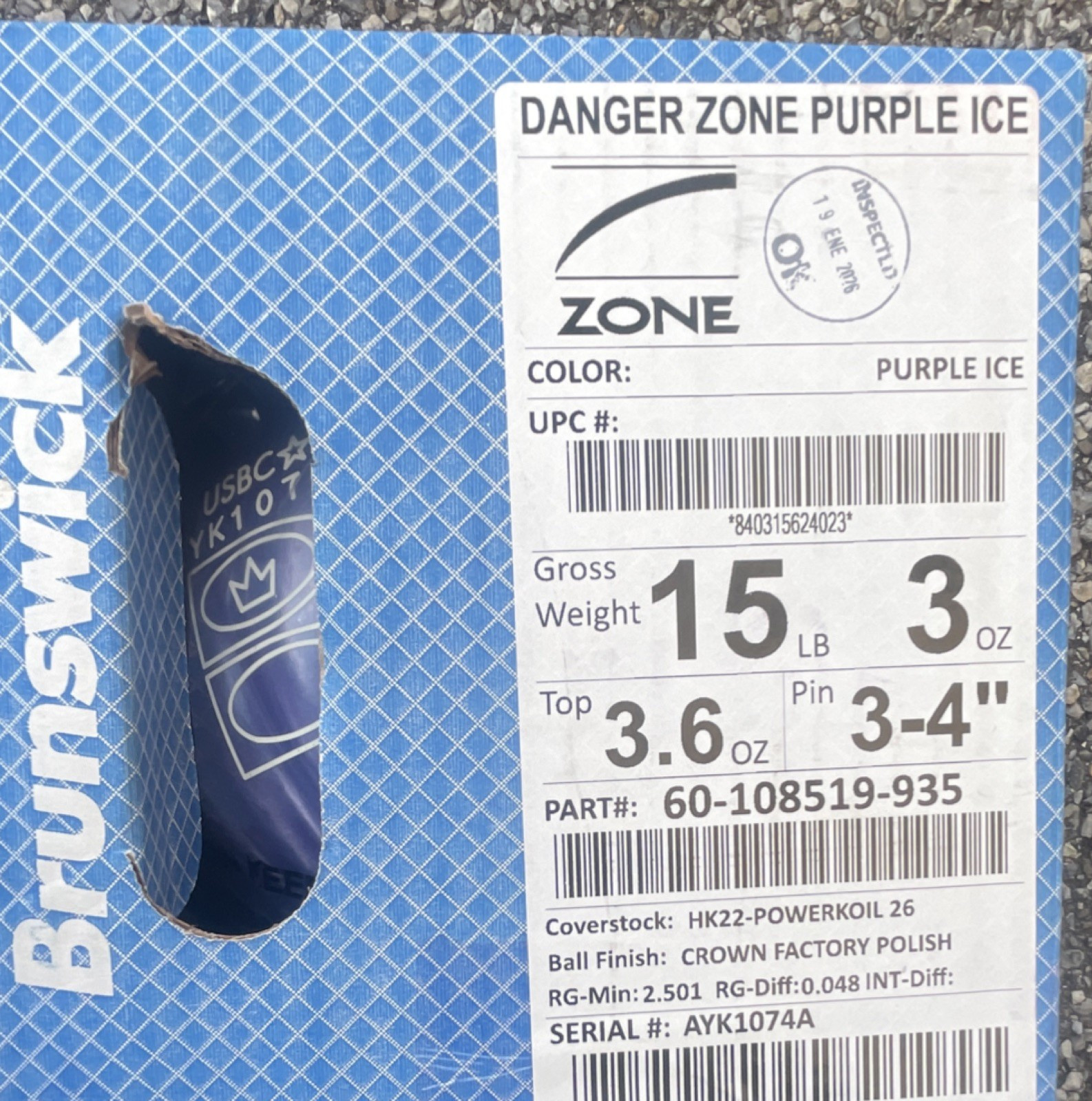 Brunswick Danger Zone Purple Ice Ten-Pin Bowling Ball 15 lb 3 oz HK22-POWERKOIL…