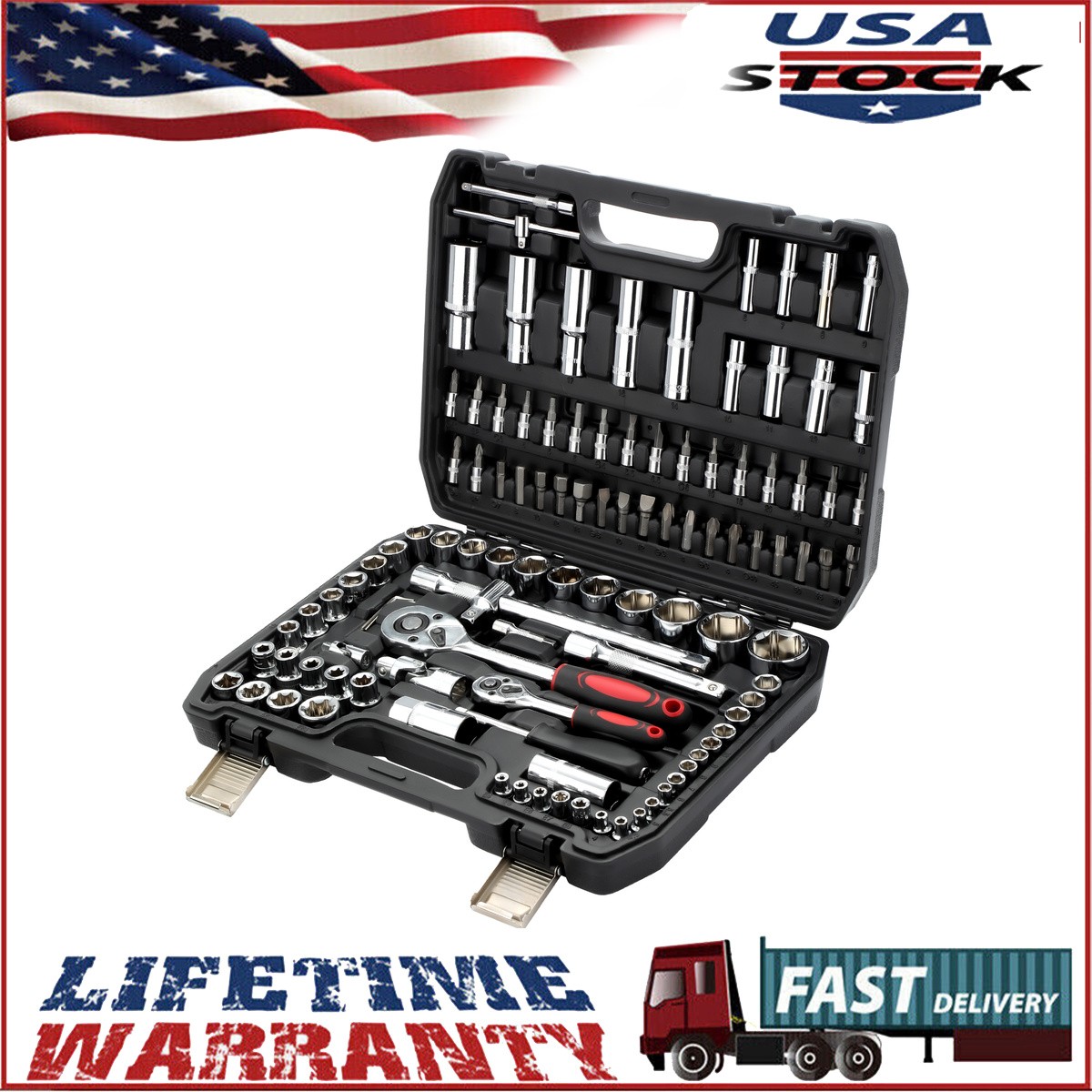 108Pcs Mechanics Tool Set Kit 6-Point Socket Ratchet Wrench Set Repair 108Pcs