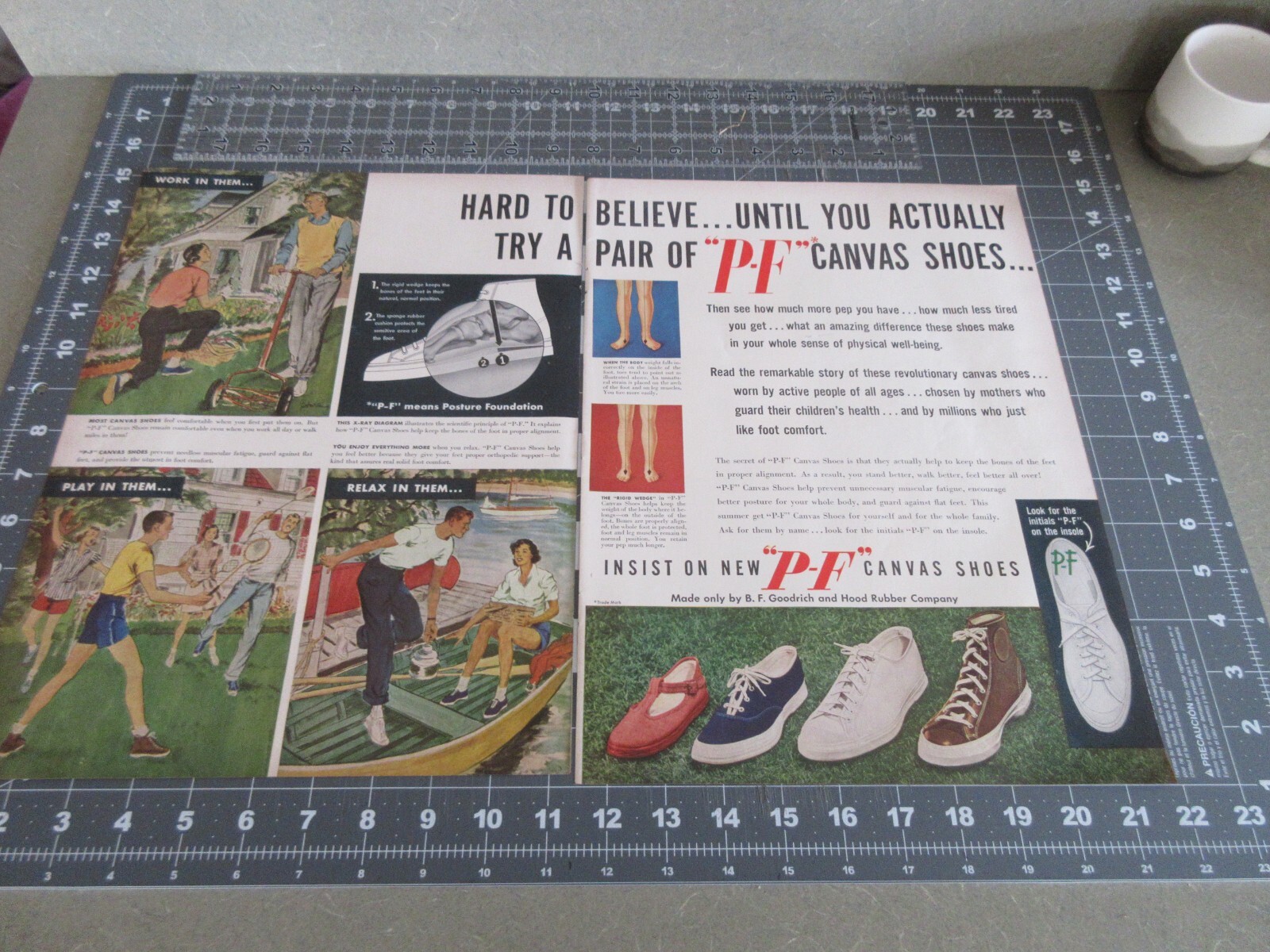 1949 P-F Canvas Shoes, Posture Foundation, Work Play & Relax, 2-Page Print Ad