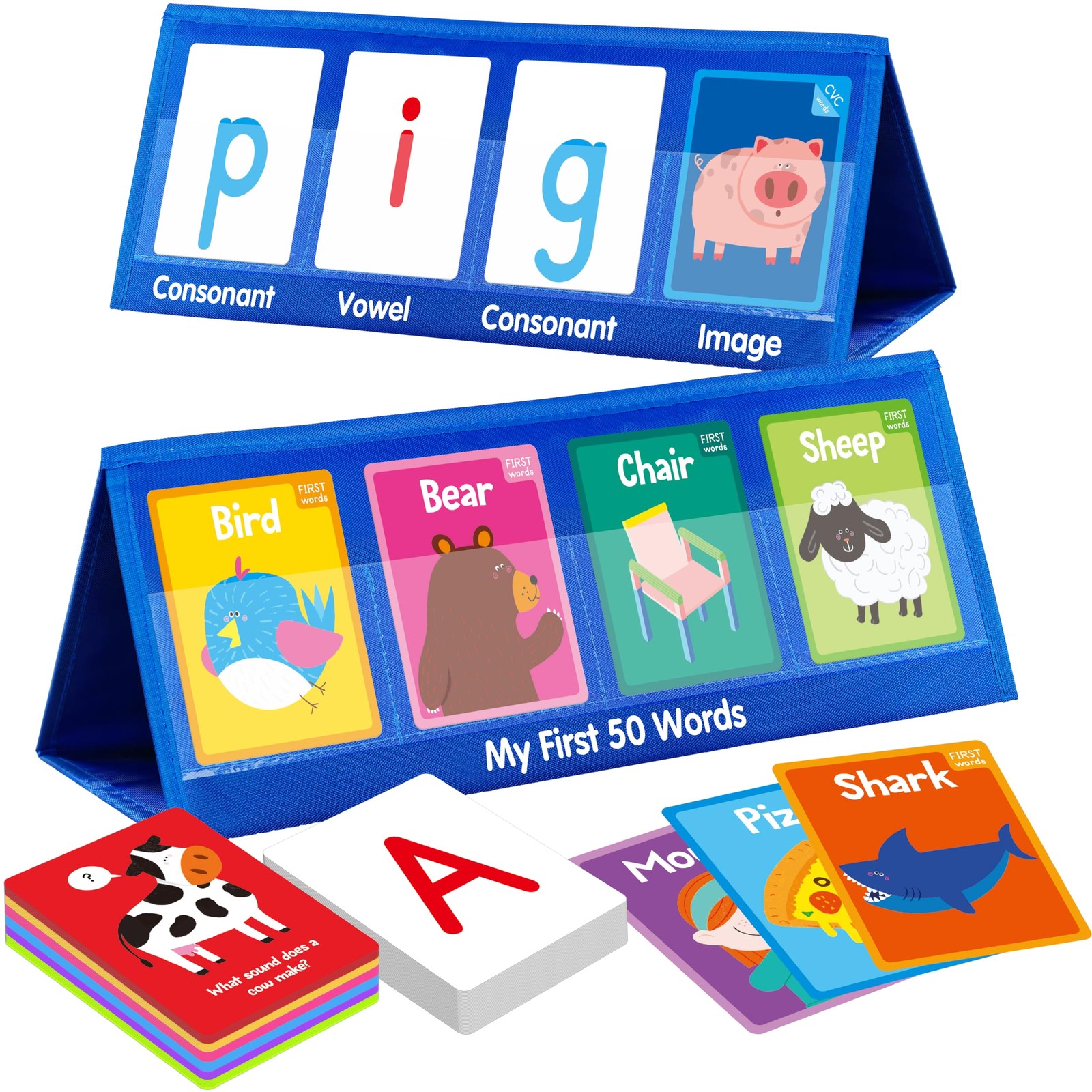 Word Building Desktop Pocket Chart, 48 CVC Words & 50 First Words, Double-Sided