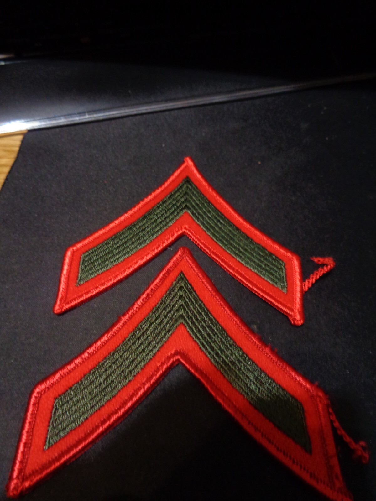 USMC Private First Class PFC E2 Chevrons PATCH set Green on Red Service Alpha