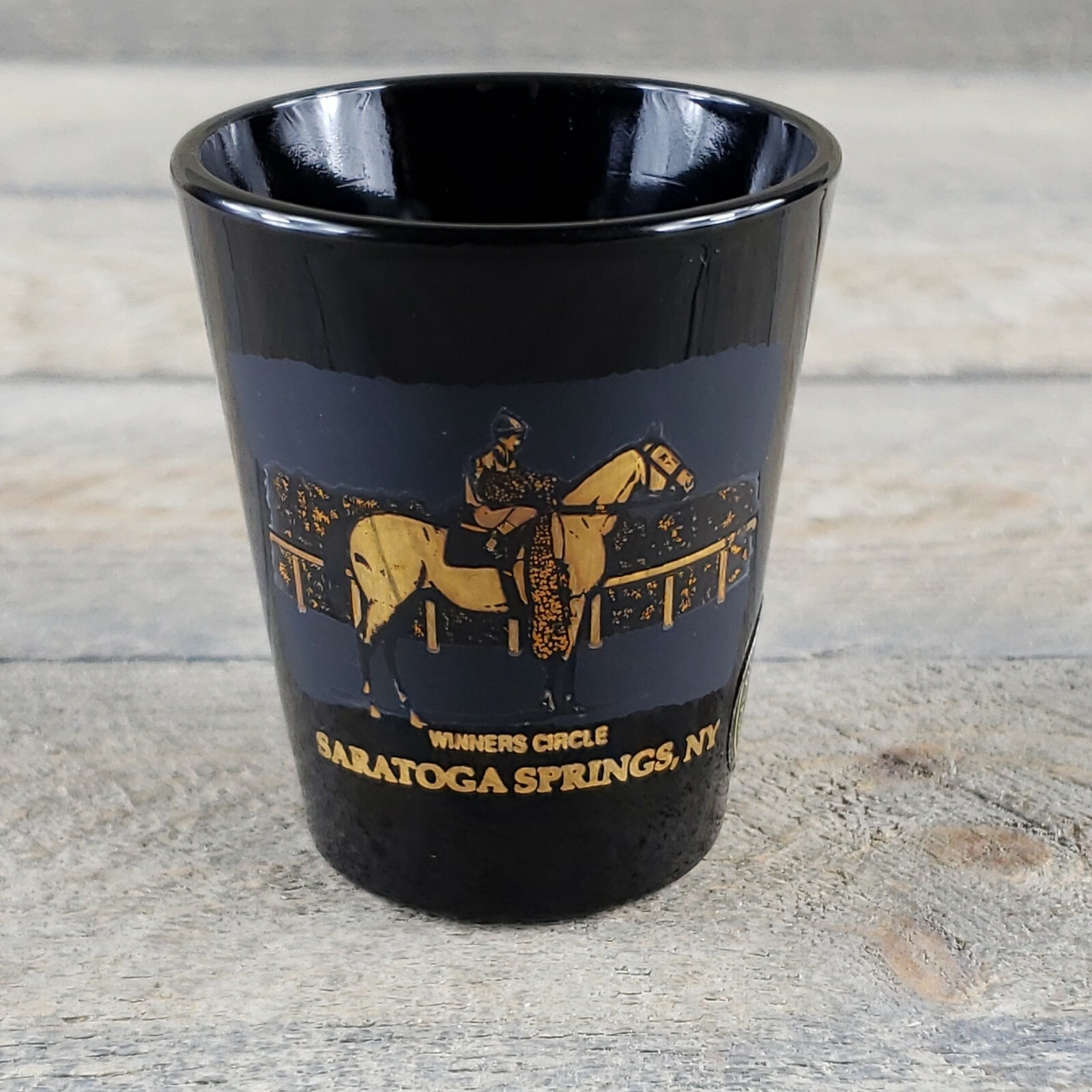 Saratogo Springs, NY Winner's Circle Shot Glass 22kt Gold/Black Double Sided