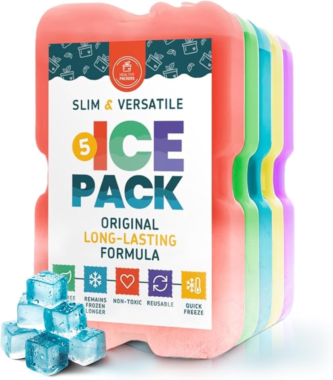 Healthy Packers® Ice Pack for Lunch Box -5 Colors - Freezer Packs - (Set of 5)