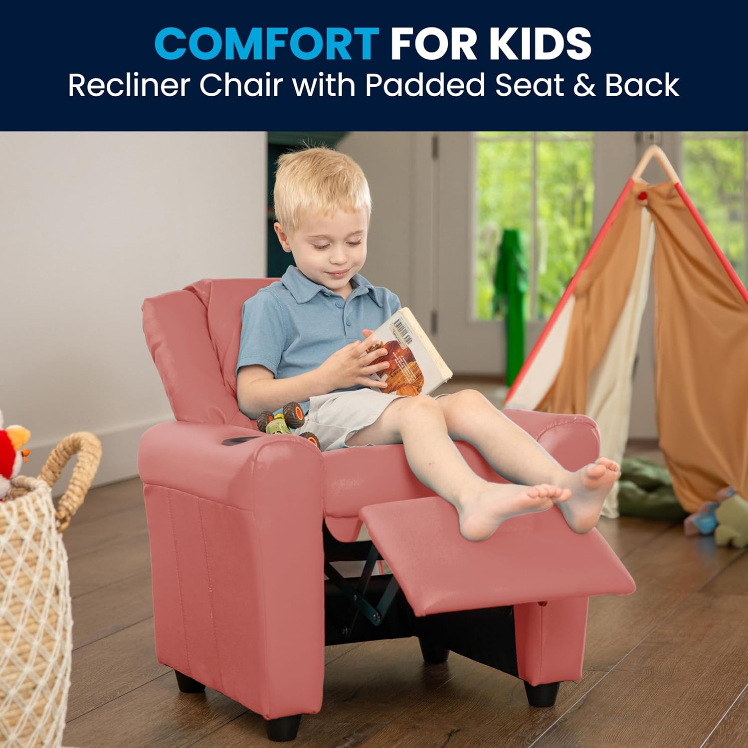 Pink Kids Recliner Chair with Cup Holder & Safety Recline, Supports 90 lbs