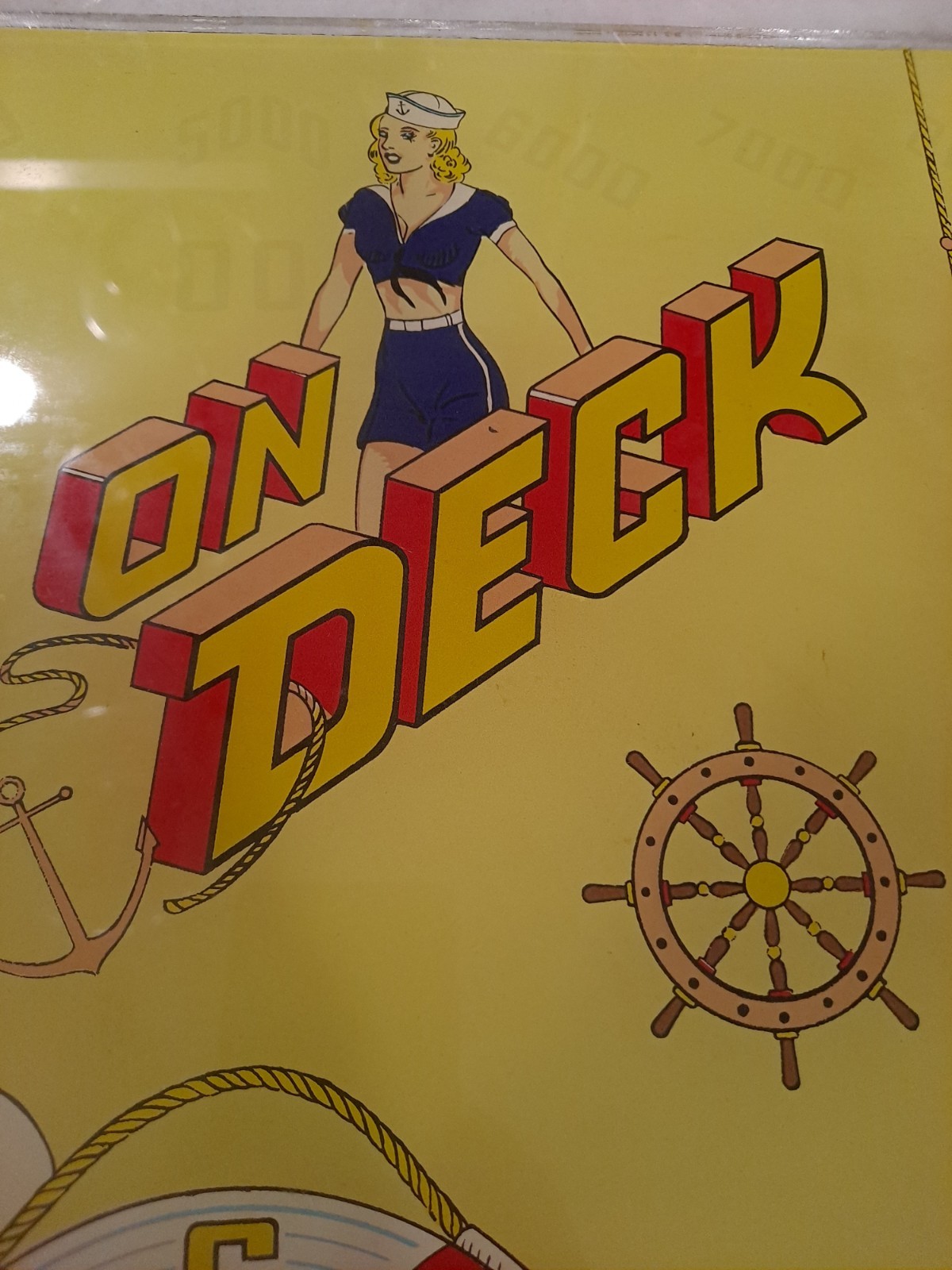 GOTTLIEB,S, ON DECK, Original Pinball Machine BACK GLASS, 1964