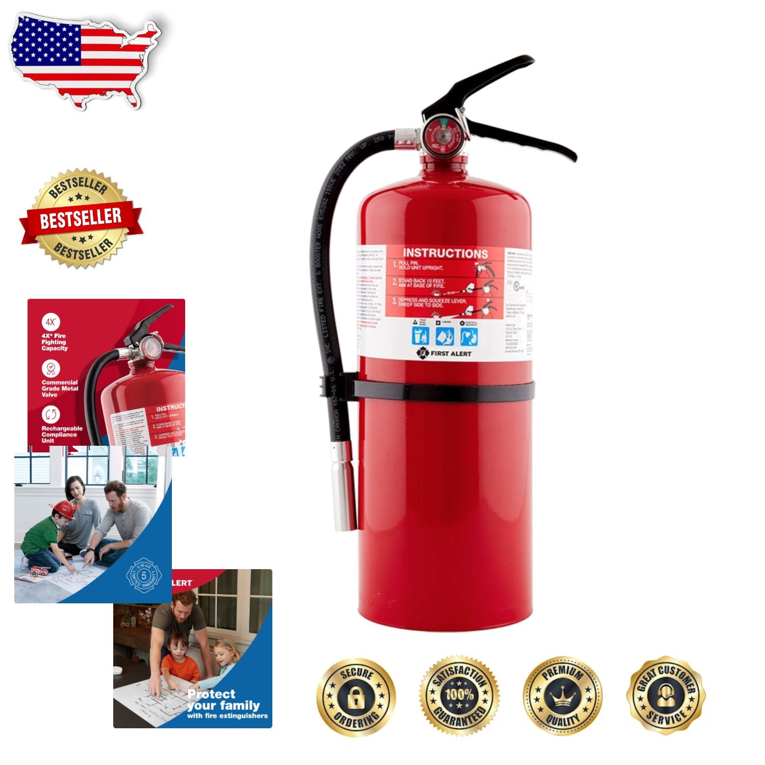 Rechargeable Commercial Fire Extinguisher Pro10  Rated 4A:60B:C Red Valve