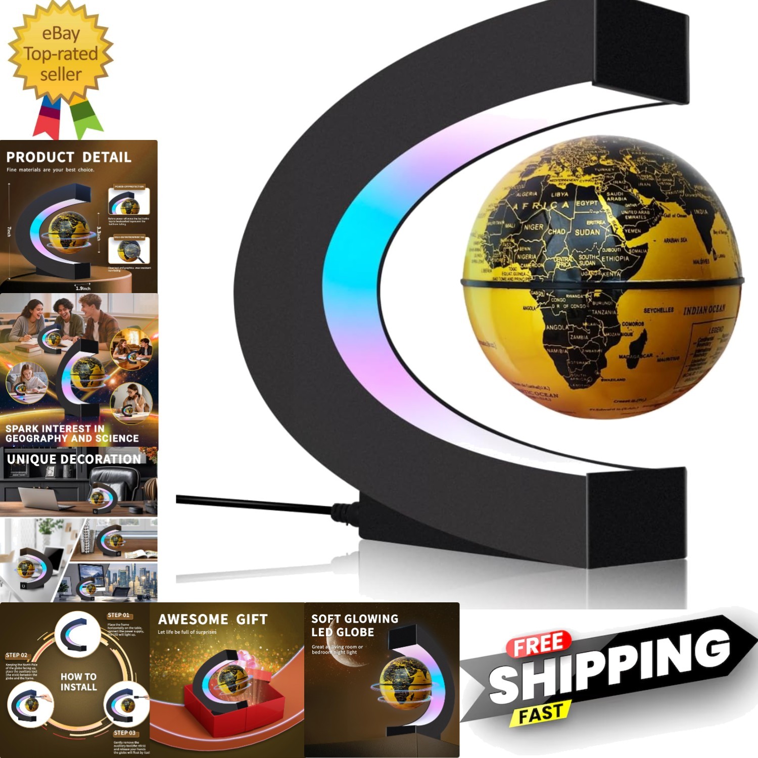 Magnetic Levitating Floating Globe with LED Lights, Cool Gadgets C Frame Glob...