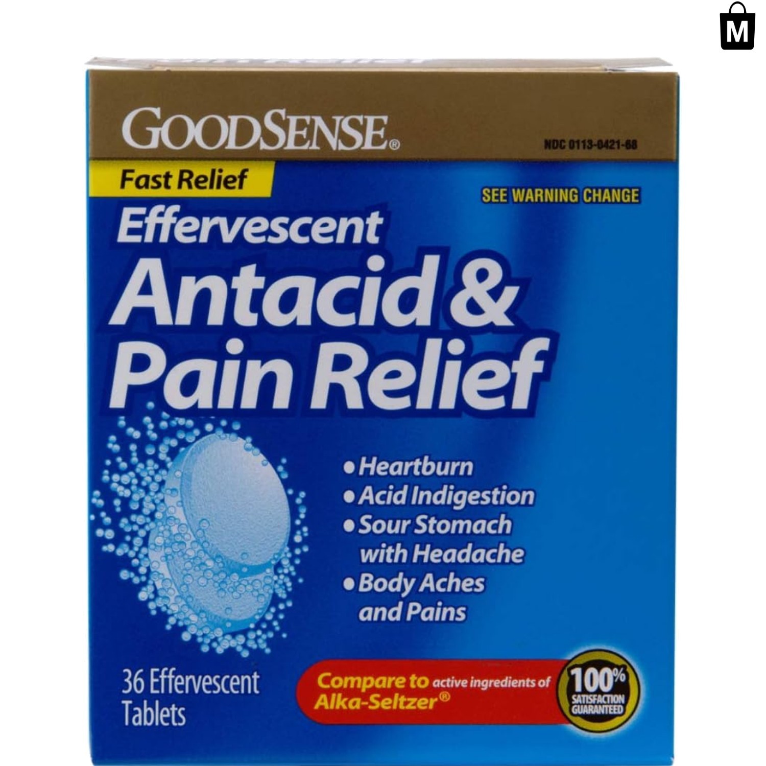 Effervescent Blue Antacid & Pain Relief - 36 Tablets for Heartburn Relief