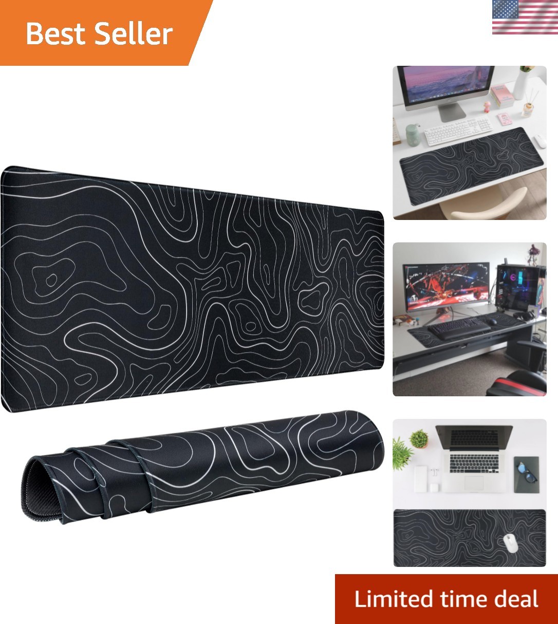 Gaming Mouse Pad Large 31.5 x 11.8in Topographic Keyboard Mousepad for Non-Sl...