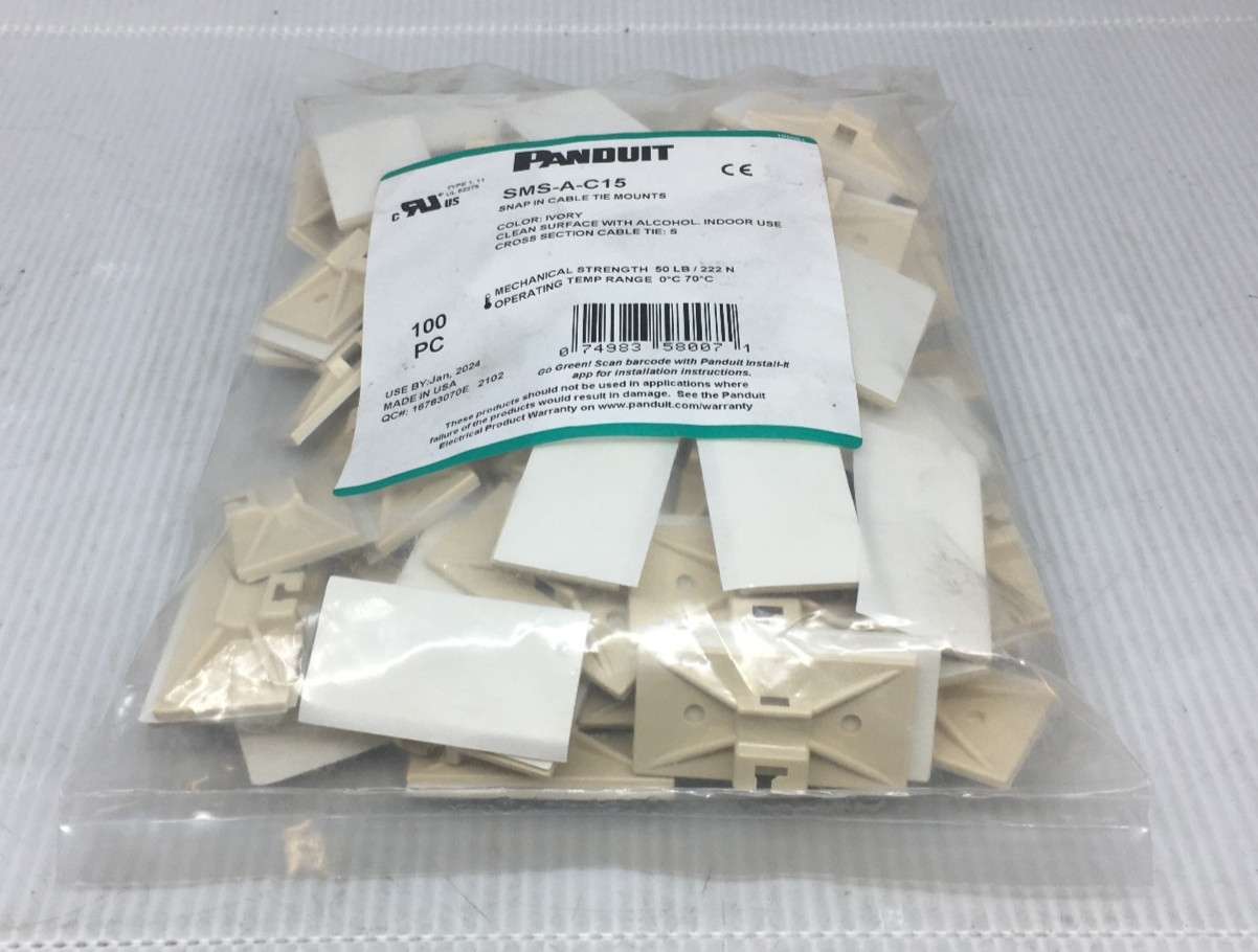 Bag of 100 Panduit SMS-A-C15 Adhesive Snap in Cable Tie Mounts QTY 100
