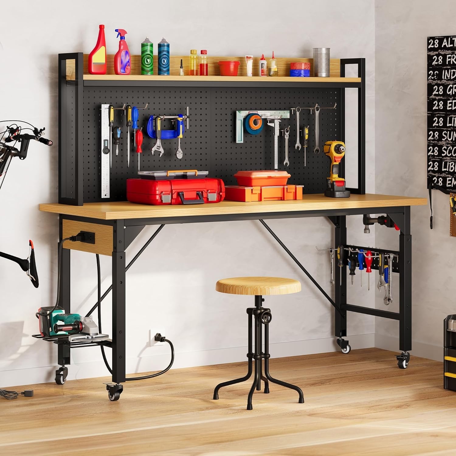 60" Adjustable Workbench with Pegboard, Heavy Duty Wood Top Work Bench with W...
