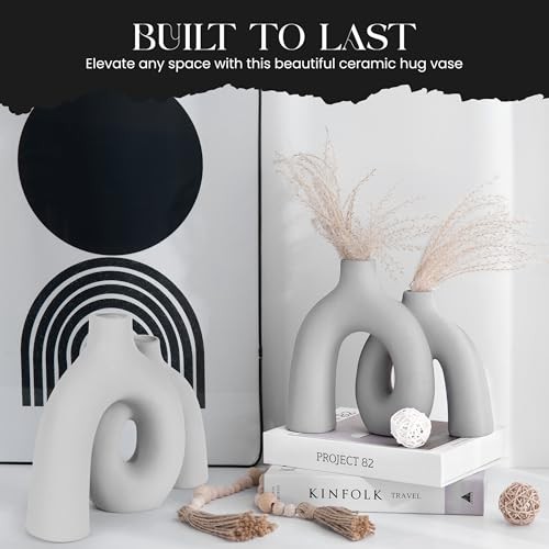 Ceramic Hug Vase () Modern Donut Style Hugging Vases for Flowers Soft Gray
