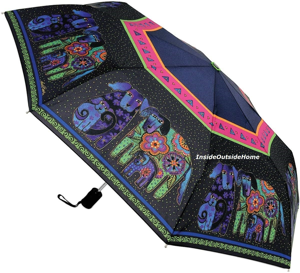 Laurel Burch Compact Umbrella Dancing Dogs Doggies LG Canopy AutoOpen RETIRED Nw