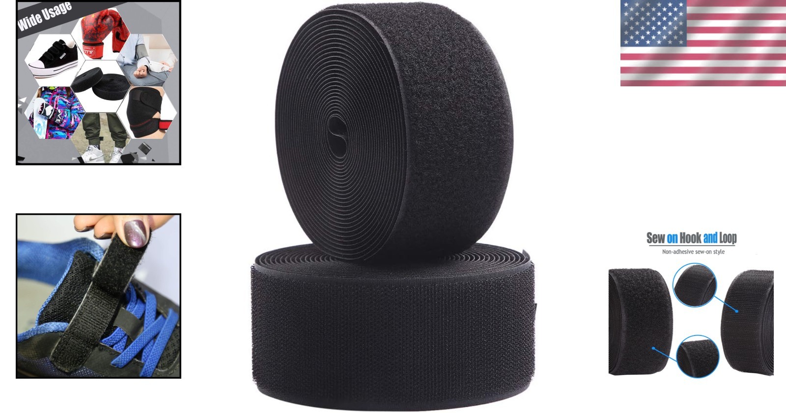 Essential 3" Sew-On Hook and Loop Fabric Tape - Black, Ideal for DIY Projects