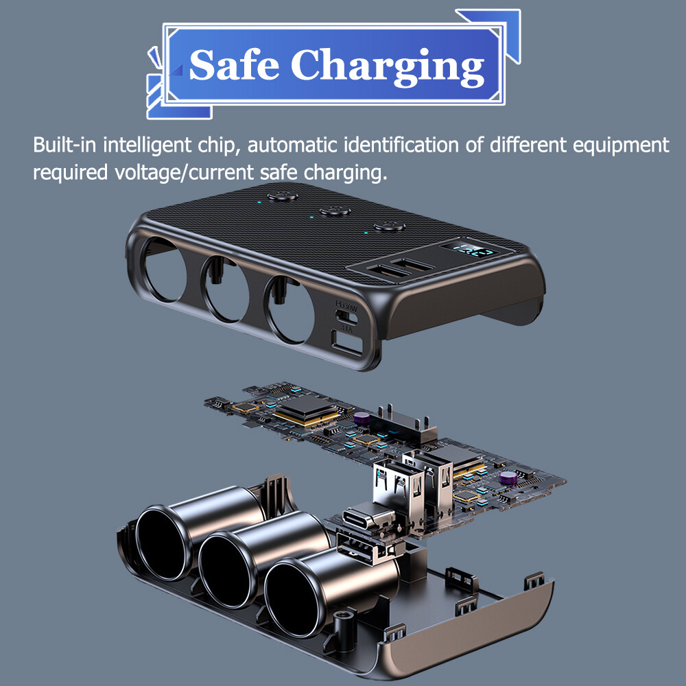 3Way Car Cigarette Lighter Socket USB C Plug Fast Charger Power Adapter Splitter