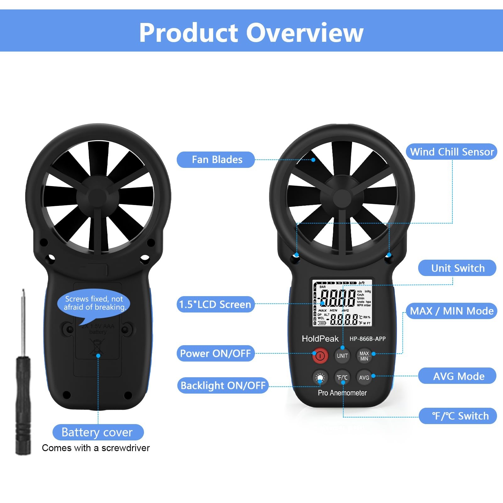HoldPeak Handheld Anemometer Bluetooth, Digital Wind Speed Gauge Meter, Flow ...