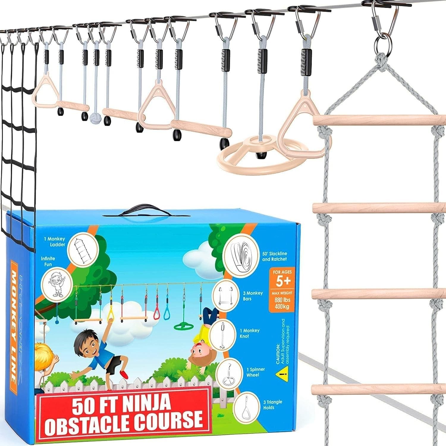 Ninja Warrior Obstacle Course for Kids 2 x 50 ft Slacklines w/ 10 Obstacles