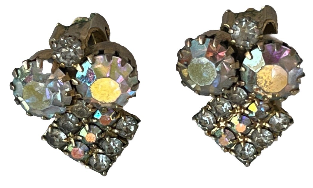 SALE Vtg Auora Borealis Rhinestone Clip On Earrings 12-Prong  Round, Square
