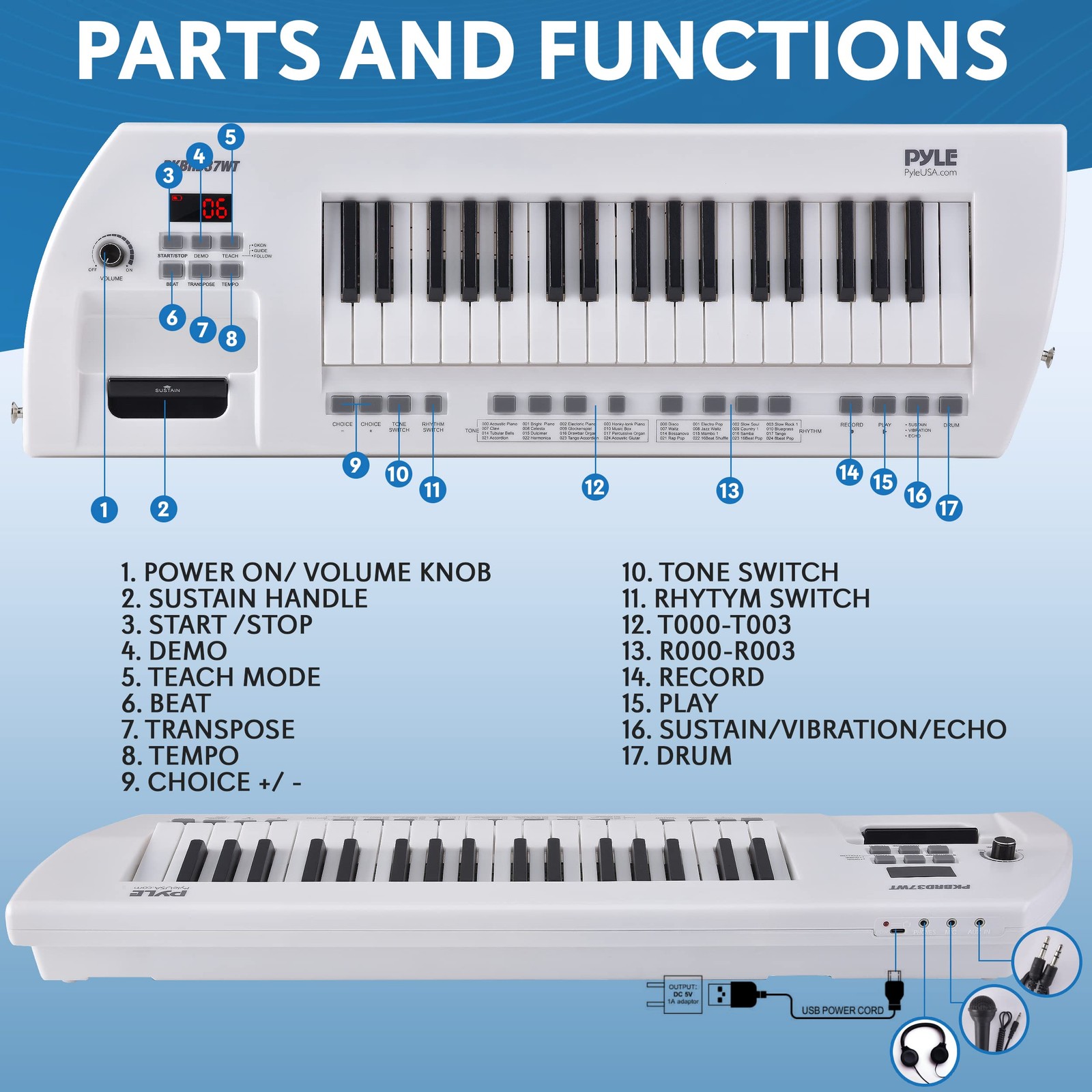 PYLE Electric Piano, 37 Keys Keyboard 200 Rhythms, White