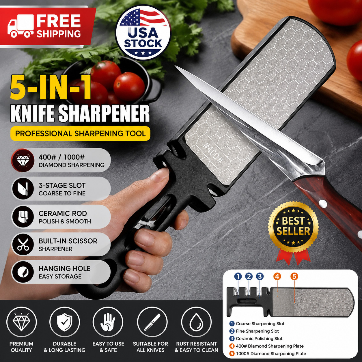 5-in-1 Knife Sharpener Diamond 400/1000 Whetstone Kitchen Sharpening Tool