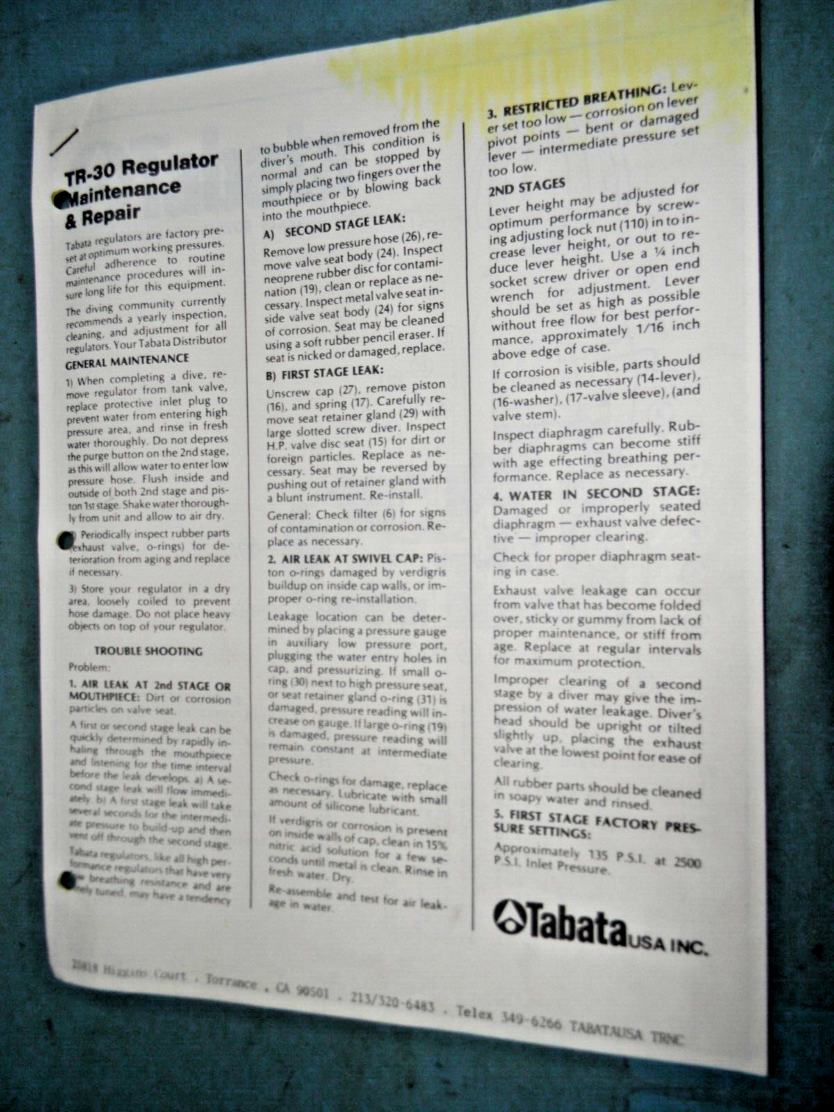 Tabata TR-30 Scuba Regulator Maintenace & Repair Manual Vintage  *