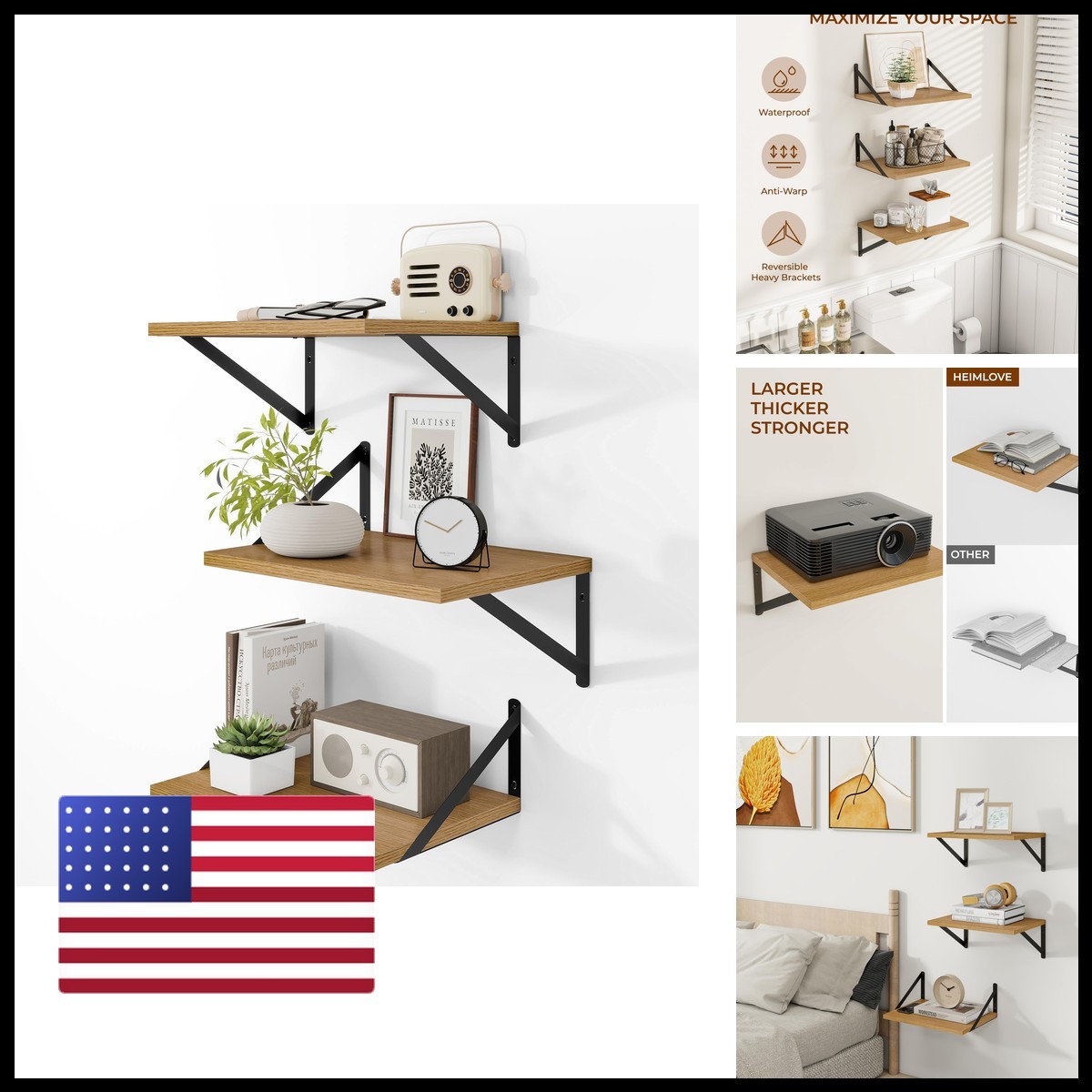 Homelove 16W x 12D Deep Floating Shelves Set of 3 Oak